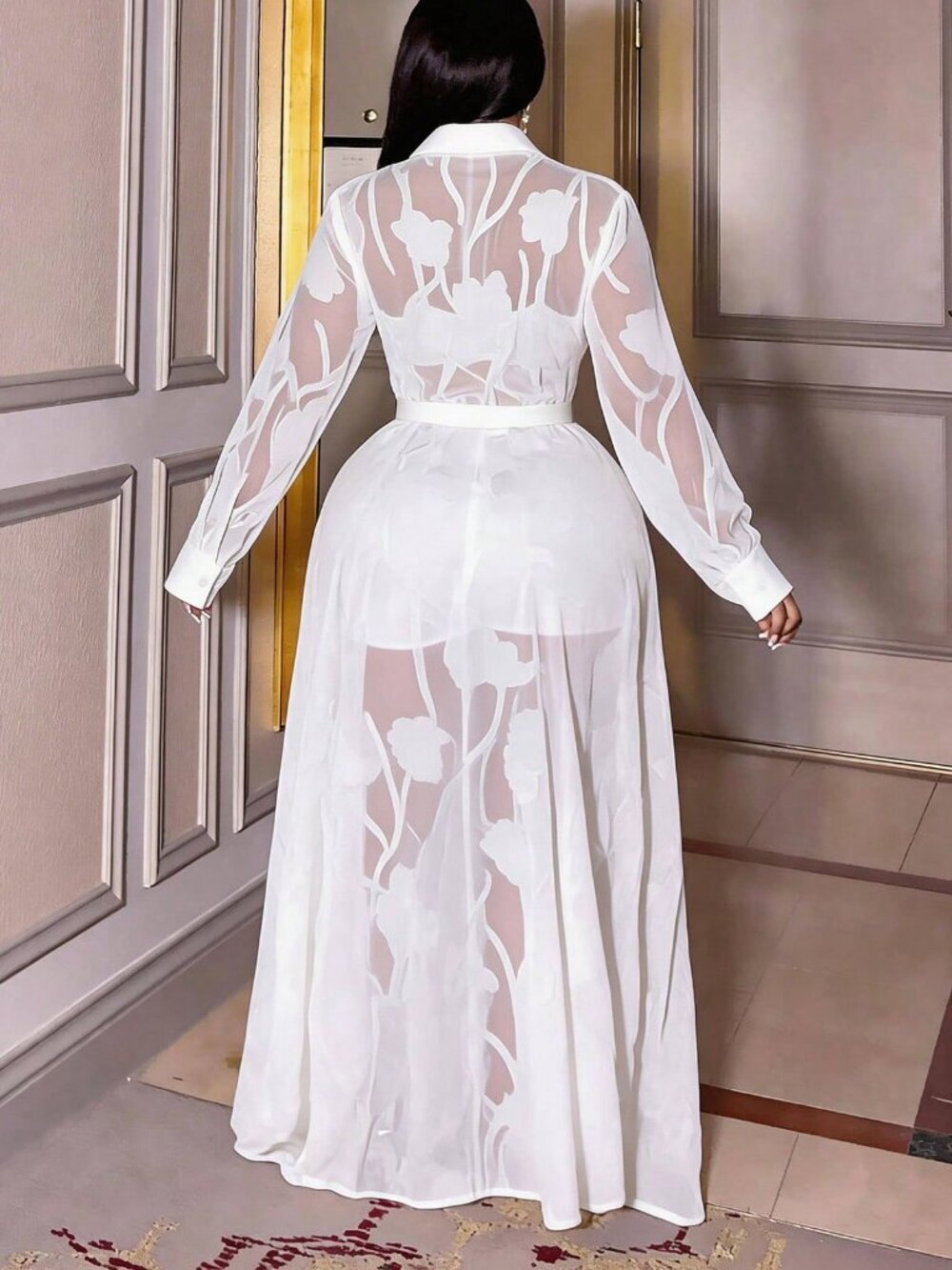 Elegant Women's Plus Size Long Sleeve Front Button Sheer maxi Dress -White - Picture 2 of 7